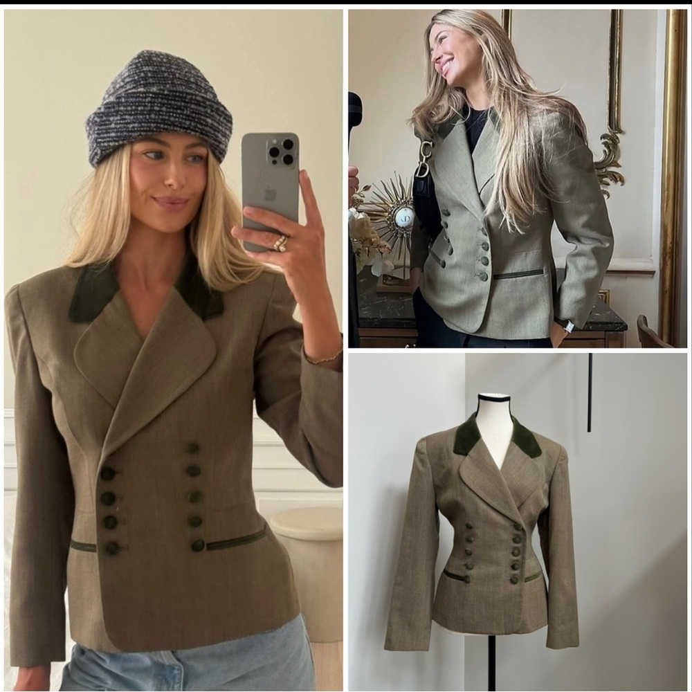 Dior Olive Green Double-Breasted Blazer with Dark Green Velvet Collar